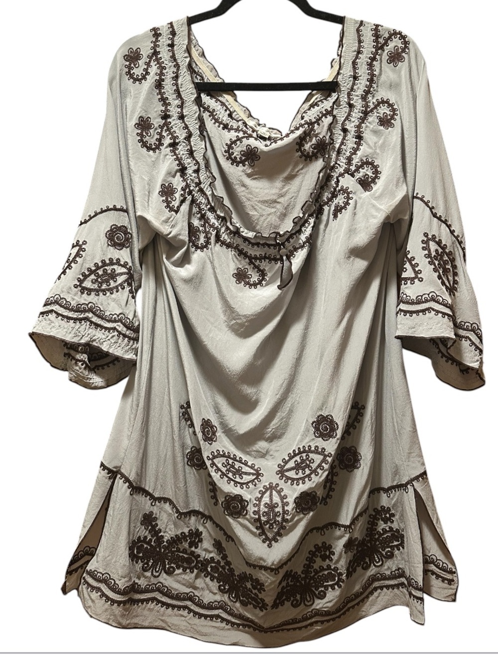 Blue Tassel 100% Silk Bohemian Embroidered Cream Gray Tunic